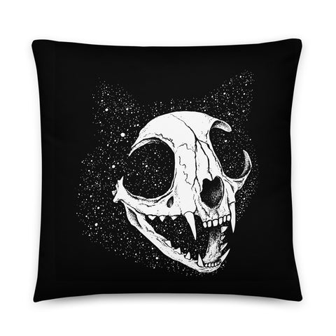 Cosmic Cat Skull Pillow - Black on Black