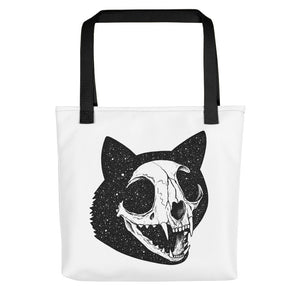 Cosmic Cat Skull Tote Bag - Black on White