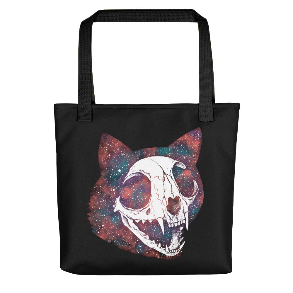 Cosmic Cat Skull Tote Bag - Color on Black