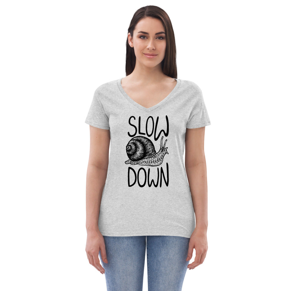 Slow Down Black & White Snail Women’s V-Neck T-Shirt