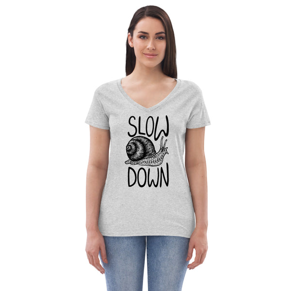 Slow Down Black & White Snail Women’s V-Neck T-Shirt